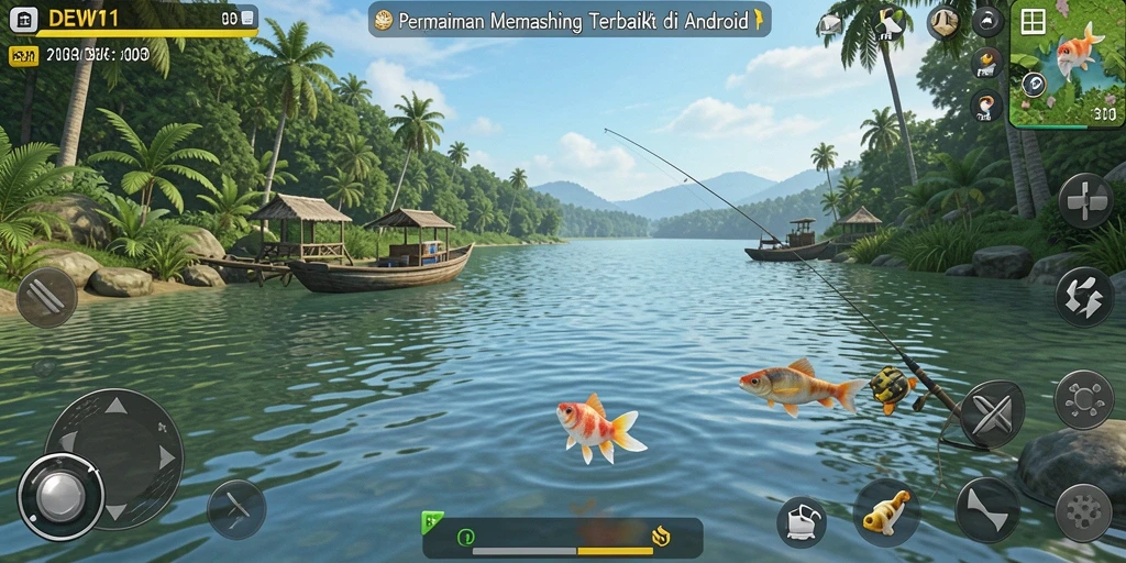 Tampilan gameplay DEWI11 menampilkan variasi ikan dan lokasi memancing yang menawan.