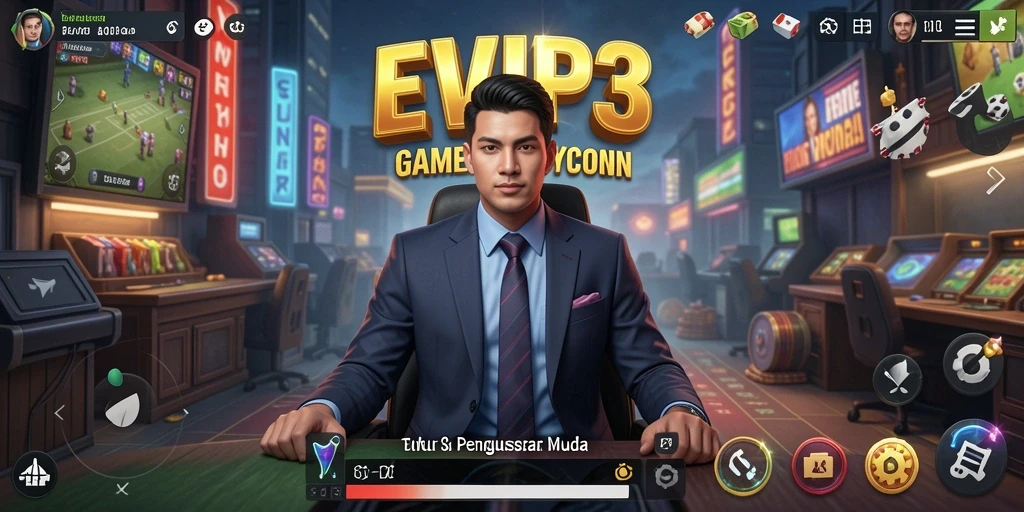 Tangkapan layar gameplay <strong>EVIP3</strong> yang menunjukkan manajemen bisnis yang dinamis.