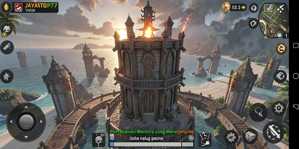 Screenshot gameplay JAYATOP77 dengan menara pertahanan yang strategis.