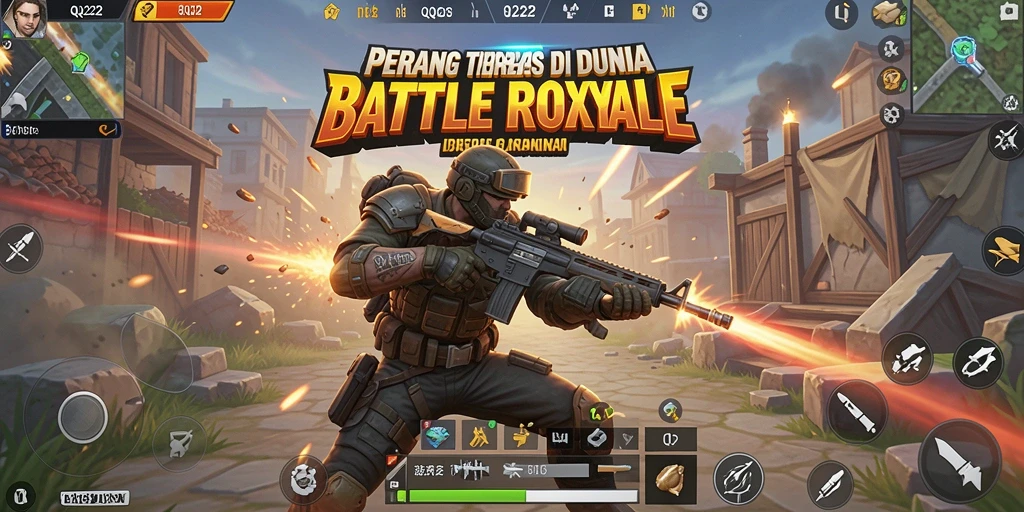 Screenshot gameplay QQ222 menunjukkan aksi seru di arena Battle Royale.