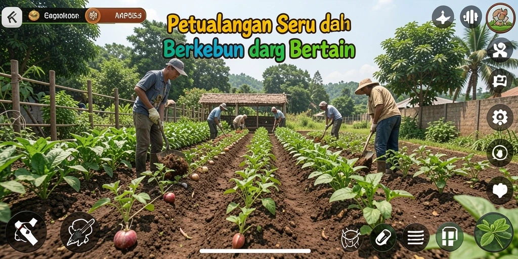 Screenshot gameplay menunjukkan kebun yang subur dengan tanaman berwarna-warni.