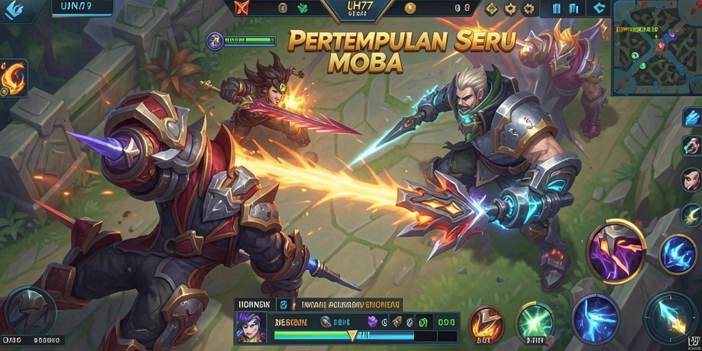 Tangkapan layar menampilkan aksi seru dalam pertempuran MOBA UH77.